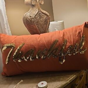 New WithoutTags Orange Thankful Pillow with Gold Sequin Detail